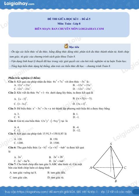 Đề thi giữa kì 1 Toán 8 - Đề số 5